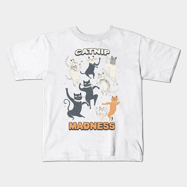 Catnip madness, dancing cats Kids T-Shirt by One Eyed Cat Design